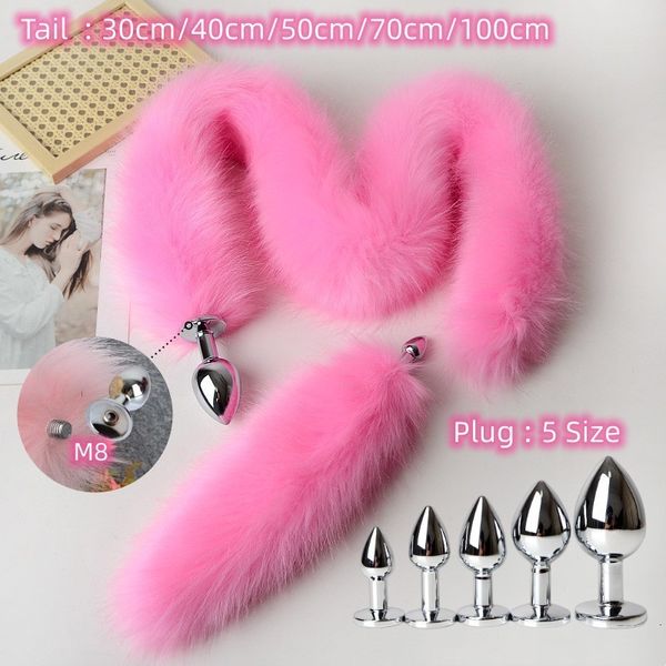 Brinquedos anal anal brinquedos sexuais de cauda de pele falsa longa rosa com plugue de bunda de metal de aço inoxidável para fetish fantasia flertando suprimentos adultos 230508