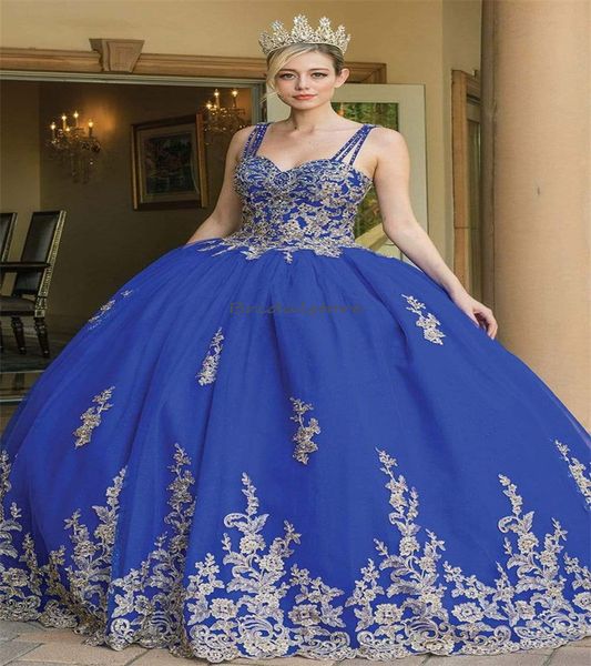 Prenses mavi quinceanera elbiseler 2023 tatlı 15 yaşında balo elbisesi spagetti kayışları aplikler dantel dans resmi pageant önlükleri tatlı 16 doğum günü giymek vintage