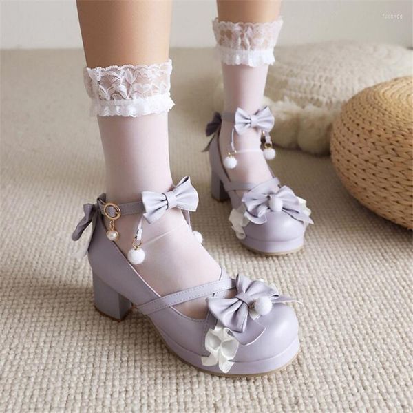 Abendschuhe PXELENA Sweet Girls Cute Lolita Cosplay Student Mary Janes Fliege Block Med Heels Hochzeit Pumps Braut Weiß Rosa 43