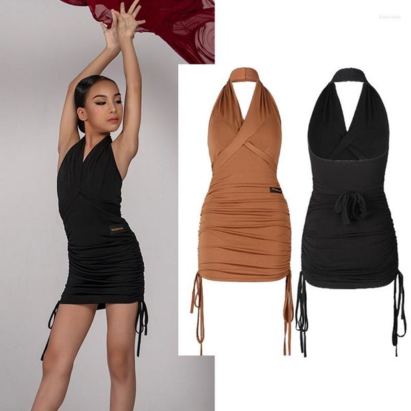 Stage Wear 2023 Ragazze Halter Neck Drawstring Abito latino Backless Practice Abiti Bambini Ballroom Performance Abiti da ballo SL7092