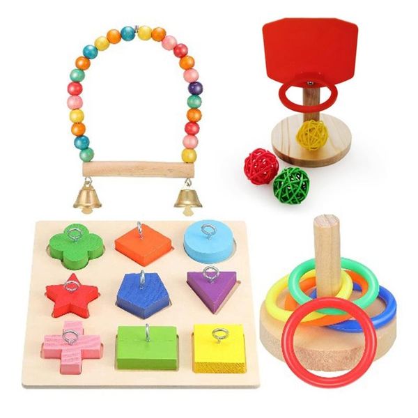 Brinquedos 4 estilos conjunto de brinquedo de pássaro com bloco de madeira quebra-cabeça papagaio treinamento basquete colorido empilhamento anéis balanço poleiro