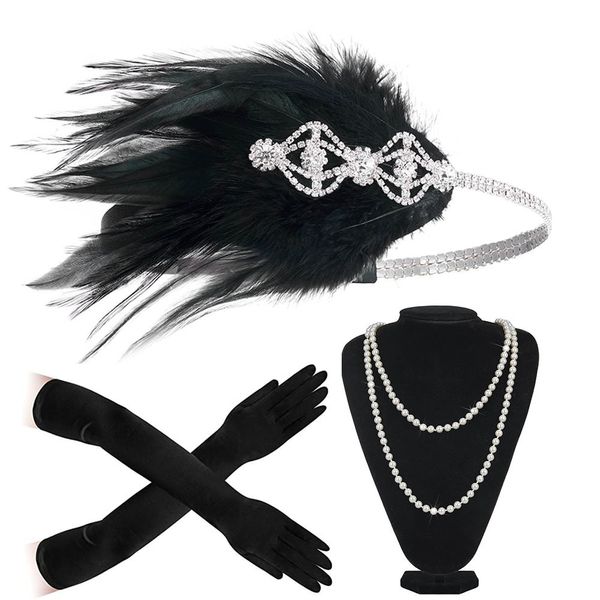 Gioielli per capelli da sposa Anni '20 Great Gatsby Party Costume Flapper Fascia per capelli Collana di perle Guanti Anni '20 Set di accessori per copricapo per donna 230508