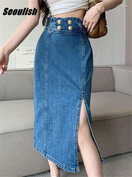 Gonne Bottoni a vita alta Seoulish Donna Denim Wrap Primavera Estate Front Split Vintage Blue Cowboy Jeans Gonna Donna 2023