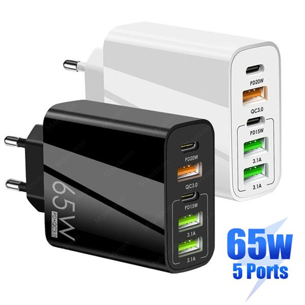 65W USB-Ladegerät Schnellladung 3.0 PD Typ C Wandtelefon-Ladegerät-Adapter für iPhone 14 13 Samsung Xiaomi Huawei 5-Ports USB-Ladegerät