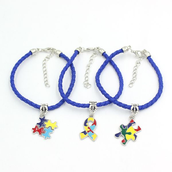 Braccialetti con ciondoli per autismo all'ingrosso Blu Navy Corda in pelle PU Puzzle Gioielli Regali per braccialetti per la consapevolezza dell'autismo