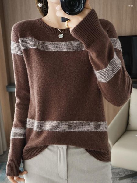 Suéteres femininos Roupas de inverno Camisolas listradas feminino 2023 Pullover casual de outono de manga comprida Pullovers de malha de malha Jersey Mujer