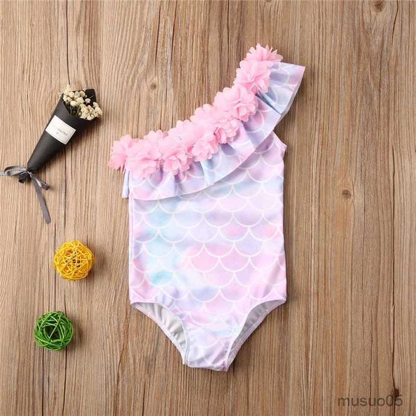 Zweiteiliger Baby-Bodysuit-Badeanzug, ärmelloser Badeanzug mit Fischschuppendruck, für Mädchen, Rüschen, Blumenausschnitt, Bademode