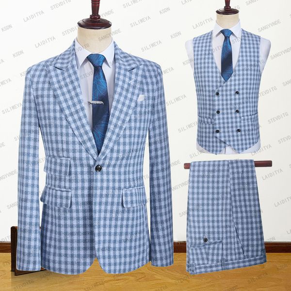 Мужские костюмы Blazers Fshion Casual British Style Linen Men Suit Blue Reto Classic Plaid Groom Slim Fit Tuxedo 3 PCS Set JacketVestpants 230509