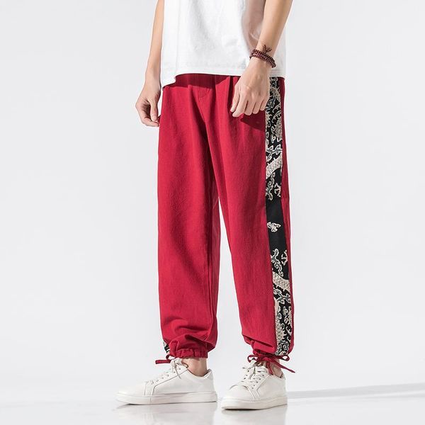 Herrenhosen 2023 Herren im chinesischen Stil, rotes Leinen, Streetwear, weites Bein, männlich, Baggy Jogger, Haremshose