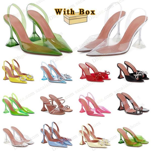 com caixa Amina muaddi sandálias de salto feminino sandália de salto alto sapatos PVC Wine Cup Heel Begum arco fivela embelezada com cristal ponta toesl girassol dhgate sandália verão