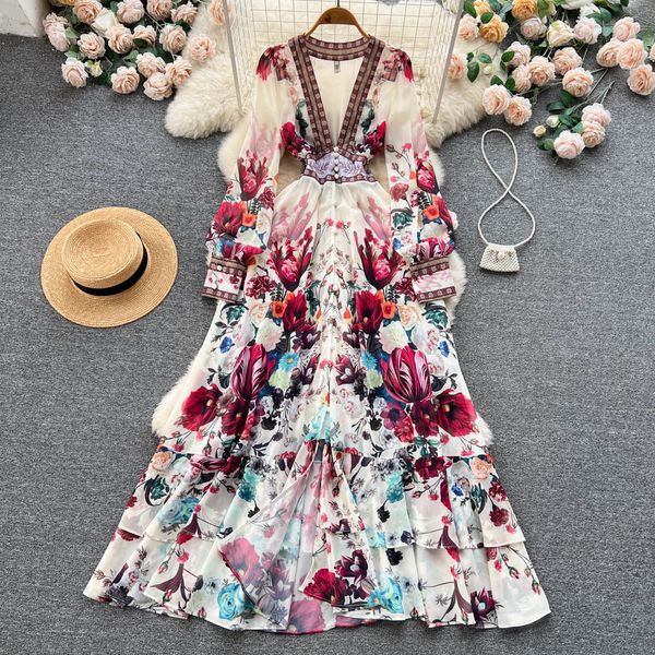 Lässige Kleider Damen Kleid im böhmischen Stil mit tiefem V-Ausschnitt Frühling Sommer Laufsteg Langarm Blumendruck Rüschen Süße Cascading Vestidos 230509