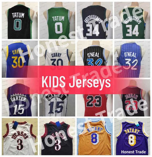 Crianças 0 Jersey de basquete Tatum Shaq 15 Vince Carter Curry 34 Giannis Allen reminisce