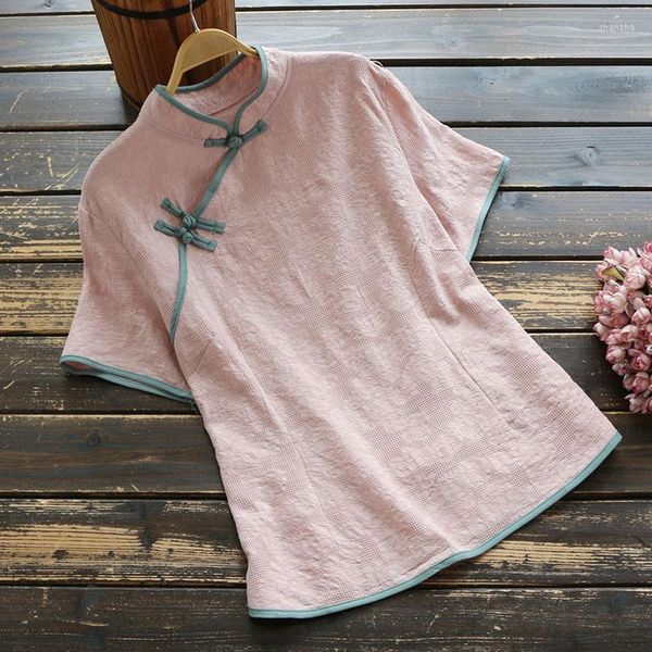 Camisetas femininas 6590 Summer Mulheres em estilo chinês Buckle Stand Collar Cotton Linen Manga curta T-shirt Tops vintage