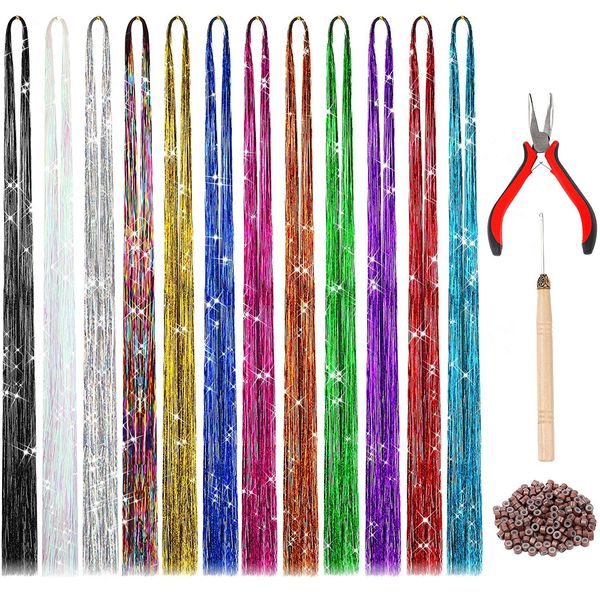 Braiders 47 Zoll Haarverlängerung Lametta 2400 Stränge Glitter Kit für Weihnachten Jahr Halloween Cosplay Party 230509