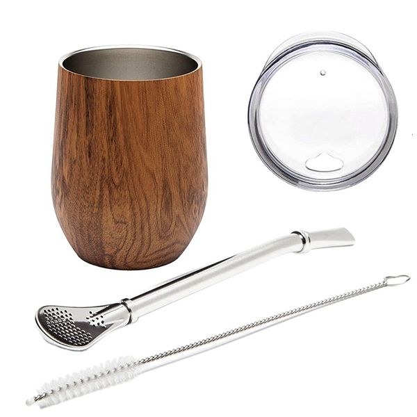 Copos de vinho Yerba Mate Mate Gourd Copa Conjunto de chá de 12 onças de parede dupla aço inoxidável com tampa 1 bombillas pelas filtro colher pincel 230508