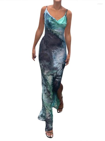 Vestidos casuais Mulheres Longo BodyCon Dress Tie-Dye Print de decote em V Sling Sling Cocktail Summer Party Club Slit Backless