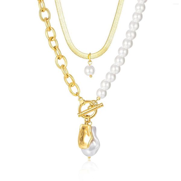 Choker Retro Doppelschicht Künstliche Perlen Spleißen Kette Mode Edelstahl Halskette Für Frau Geschenk Nicht Verblassen Großhandel