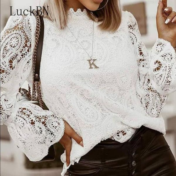 Camicette da donna Camicie Ricami all'uncinetto Pizzo Abbigliamento donna Autunno Cuciture sexy Bianco Vintage Lady Top Blusas Para Mujer