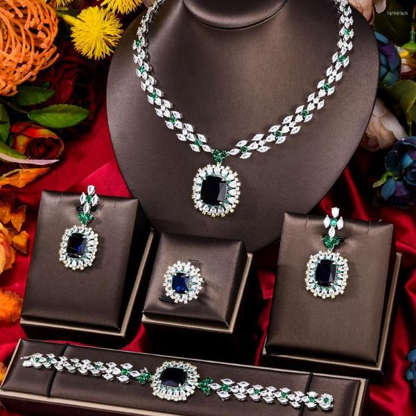 Brincos de colar Definir Godki Gold Color 4pcs Conjuntos de jóias de zirconia para mulheres Dubai Nigéria Casamento
