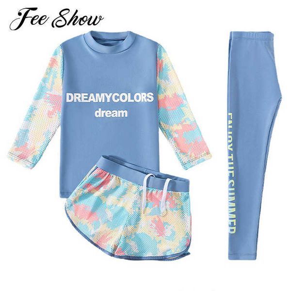 Kinderbadebekleidung Kinder Mädchen Rash Guard Badeanzug 3pcs Badeanzug Sommer Sonnenschutz schnell trocknen Langarm Top + Shorts Hosen Sets P230509