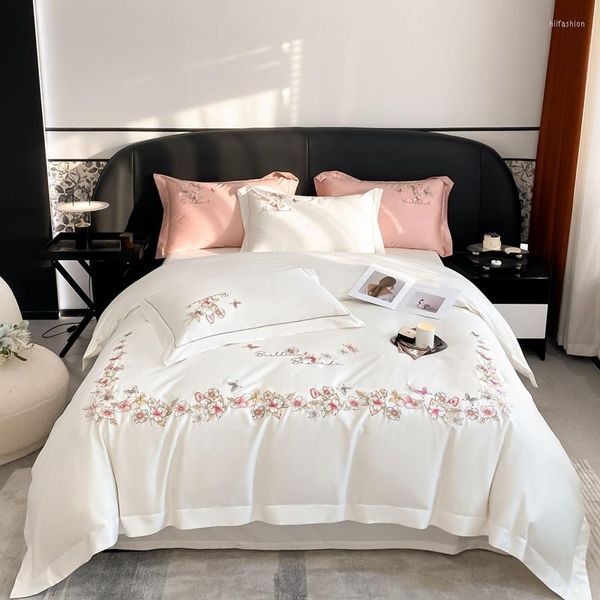 Set di biancheria da letto Set di lusso in cotone egiziano 1000TC di alta qualità Fiore Farfalla Ricamo Copripiumino Piatto / Lenzuolo con angoli Federe