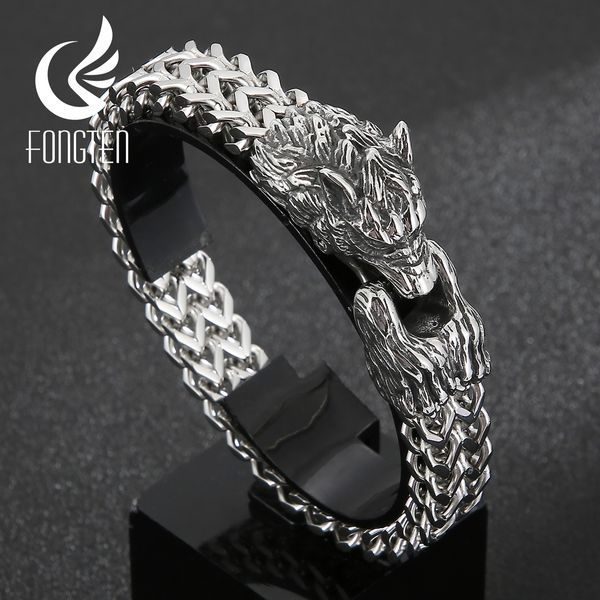 Corrente Fongten Wolf Head Animal Punk Men Bracelet Viking Retro aço inoxidável Pulseira Charme Trendy Mesh Bangle Jóias 230508