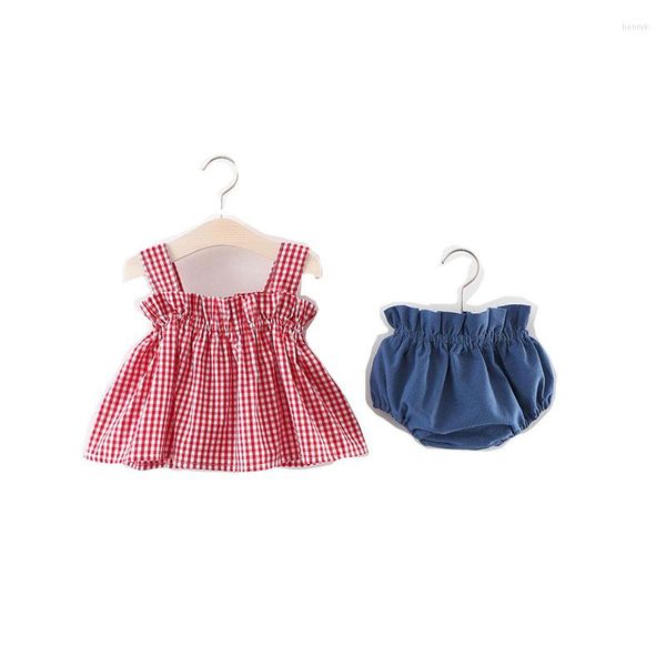 Kleidungssets 2-teiliges Set für Kleinkinder, Babys, Mädchen, karierte Hosenträger, Hosenanzug, INS-Stil, ärmelloser Baumwoll-Bodysuit, Sommer-Kind-Kleidung