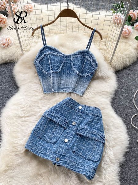 Vestido de duas peças Sirreiny Women Summer Summer Sexy Jeans Conjunto de Strapless Sling Zipper Tops Tops Button Short Mini Skirt Jeans Suits 230509