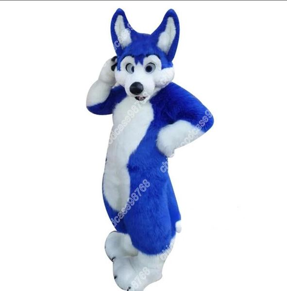 Costume da mascotte di cane Husky in pelliccia lunga blu Costume da cartone animato Fursuit Outfit Party Dress Up Activity Walking Animal Abbigliamento Halloween