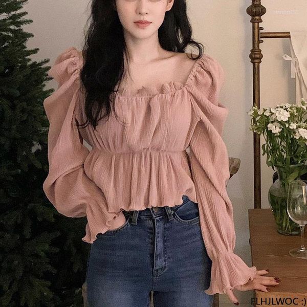 Camicette da donna 2023 Cute Pink Ruffles Peplo Design della Corea Chic Top Giappone Donna Solid Office Lady Party Camicie con spalle scoperte sexy