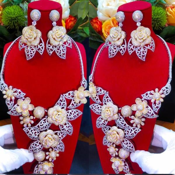 Brincos de colar Definir Godki Luxury Bloom Flowers 4pcs Jóias para mulheres Casamento Cubic Zircon CZ Africano Dubai
