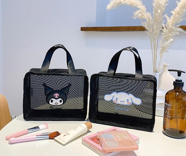 Ragazze Kawaii Black Mesh Borsa per cosmetici Ragazza Kuromi Melody Casual Princess Accessori borse grande capacità All Match