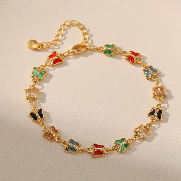 Link Bracciali Oro Estate 18k Ottone Catena Animale Carino Farfalla Colore caramella Perline di vetro Fascino Braccialetto Gioielli Polsino Wome Ragazze Dolce