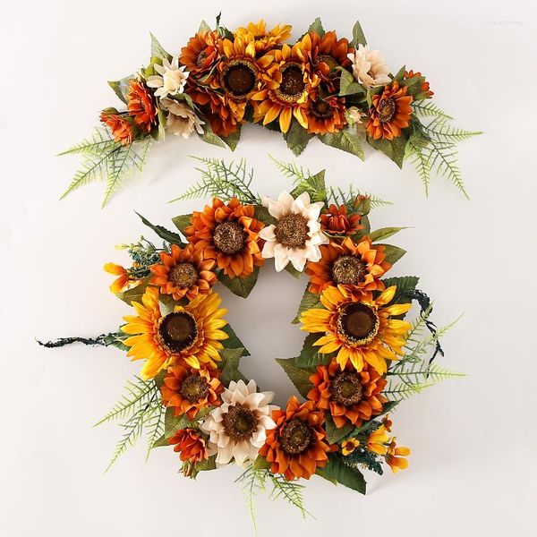 Dekorative Blumen Künstlicher Herbst-Sonnenblumen-Kürbis-Kranz an der Tür, Fenster, Wandbehang, Thanksgiving-Dekorationen, Seidenblumengirlanden