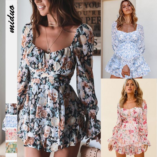 2023 Tulum Yeni Floral Kadınlar Seksi Sırtsız Moda Square Yaka Uzun Kollu Avrupa ve Amerikan Peplum Şort Tide