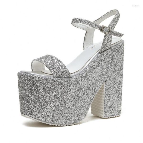 Sandálias Glitter Glitter High Block Heel Plataforma de 16 cm de salto de cueca peep peep dedo lantejous sexy sapatos prateados dourados preto tamanho 42