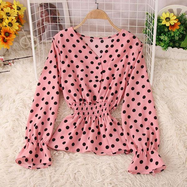 Damenblusen Polka Dot Bluse Rosa Korsett Top Langarm V-Ausschnitt Shirt Frauen Koreanische Chiffon Shirts 2023 Herbst Mode Kleidung Tunika