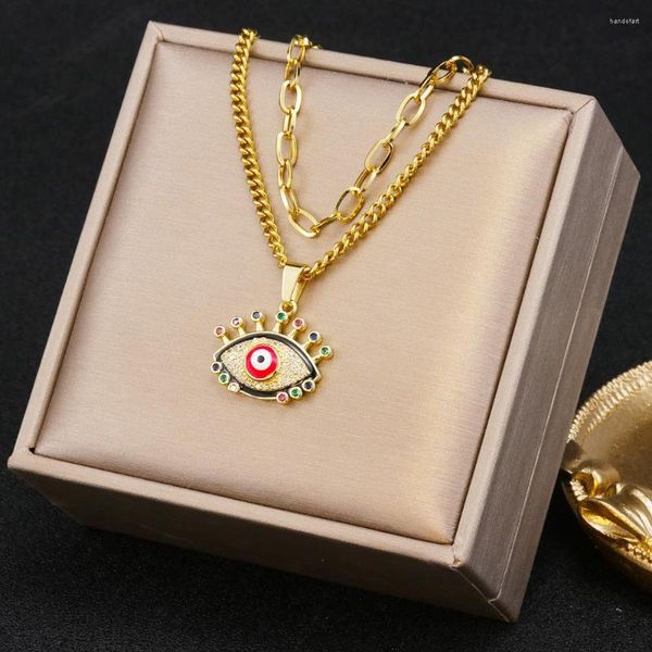 Kolye Kolye 316L Paslanmaz Çelik Çift Katmanlı Şeytan Gözü Mikro Set Zirkon Kadın Kolyesi Bijoux Femme Luxe Collier