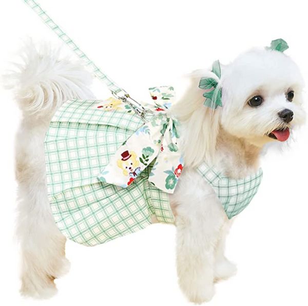 Cute Plaid Dog Dress Harness Guinzaglio Set per cani di taglia piccola e media Gatti Ragazza Vestiti per animali estivi verdi Bowknot Abiti da principessa per cuccioli Abiti da festa per feste