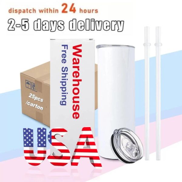 CA USA Warehouse Sublimation Tumbllers Canecas em branco 20 onças em branco reto em branco Pressione Copo de caneca com lata de palha com tampa de bambu 0511