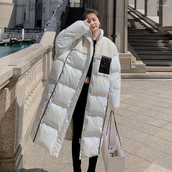 Trench da donna 2023 Piumini lucidi in cotone da donna Inverno addensato Parka lungo e caldo Cappotto da donna in lana d'agnello stile coreano