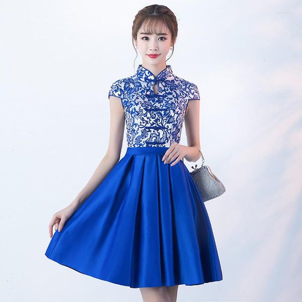Ethnische Kleidung Mode Blaues und weißes Porzellan Chinesisches Kleid Qipao Traditionelles Cheongsam Short Show Bankett Annual Meeting Abendkleid