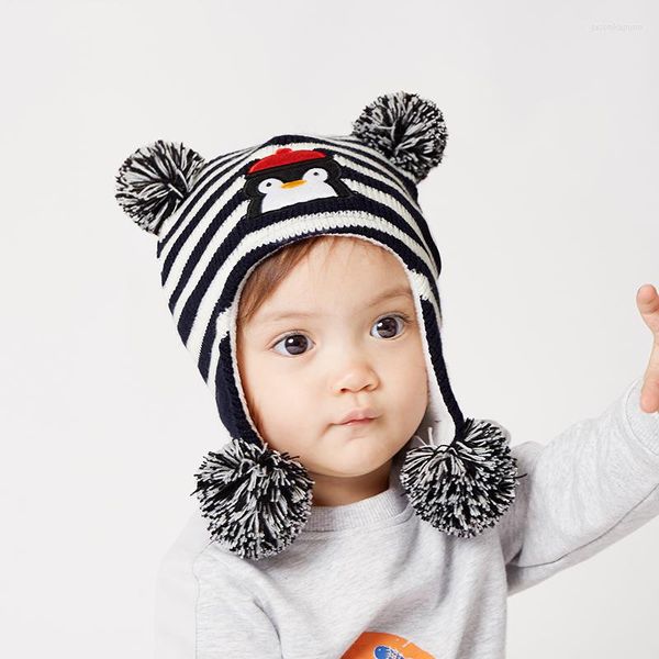 Beralar Hat Boy Kış Kulak Beanie Çocuk Knit Poleece Astar Pompom Penguen Şerit Sıcak Açık Kayak Aksesuar Bebek Yeni yürümeye başlayanlar için