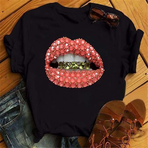 Kadın tişört moda dudaklar baskı t gündelik kısa kol o boyun gevşek tişört bayan tee üstleri kıyafetler Camisetas mujer 230510