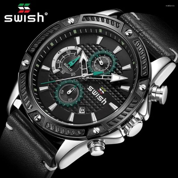 Начатые часы Swish Chronograph Calendar Date Watches для мужчин кожаные кожа