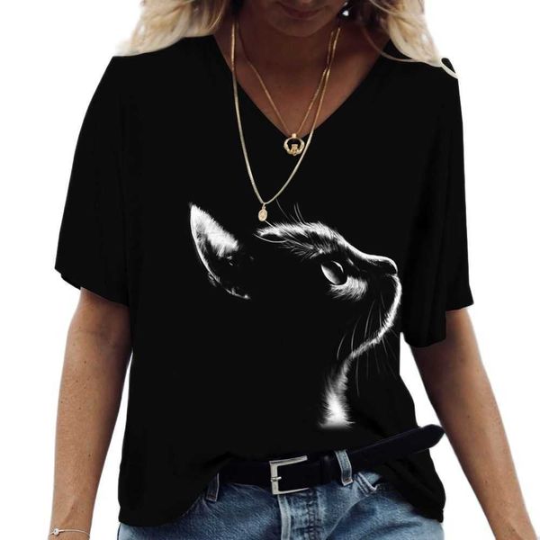 Damen T-Shirt Mode Frau Blusen 2023 T-Shirt Damen 3D Katzen Print Schwarz T-Shirt Damenbekleidung Übergroße Sommer Damen T-Shirt mit V-Ausschnitt P230510
