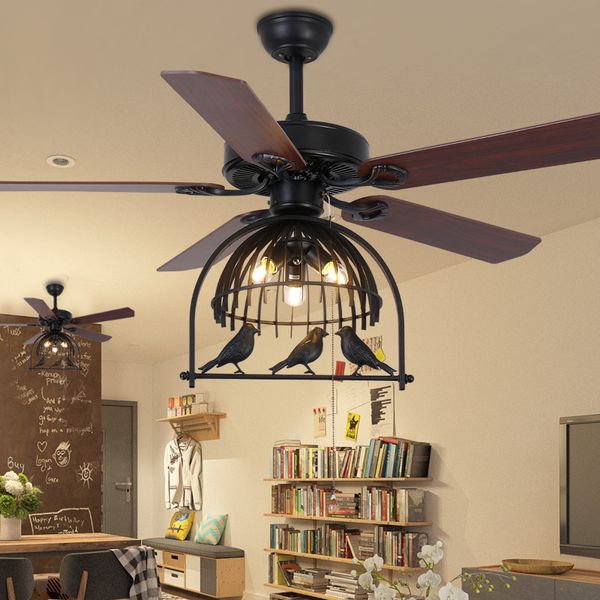 Fãs de teto enjaulado de pássaros industriais com luzes E27 Bulbo Retro Wood Fan Iluminação para o quarto 110V 220V 48 polegadas 52 polegadas fortes lâmpadas de ventilador da fazenda eólica