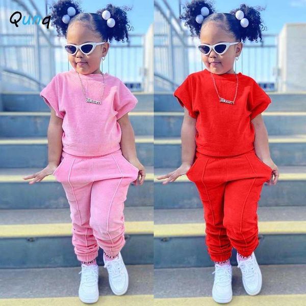 Kleidung Sets Qunq 2023 Sommer Neue Mädchen Mode O Neck Solide Kurzarm Pullover Top + Hosen 2 Stück Casual kinder Kleidung Alter 3T-8T Y23