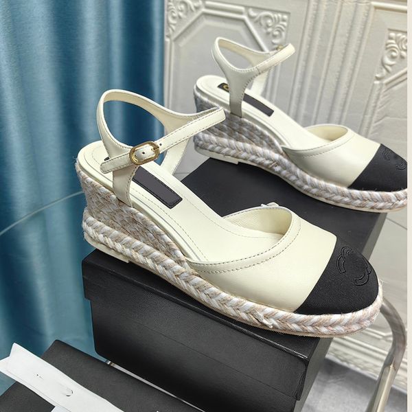 Sandali mocassino da donna Hardware con cuciture in pelle Scarpe con plateau con fibbia in metallo Corda di canapa fatta a mano Scarpe eleganti con fondo intrecciato Tacchi alti Scarpe casual da esterno 35-41