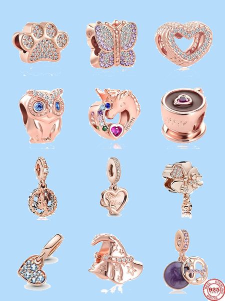 925 Sterling Silber Charms für Pandora-Schmuckperlen baumeln NEUE europäische Rosegold-Eulen-Hundepfoten-Schmetterlingshut-Einhorn-Perle